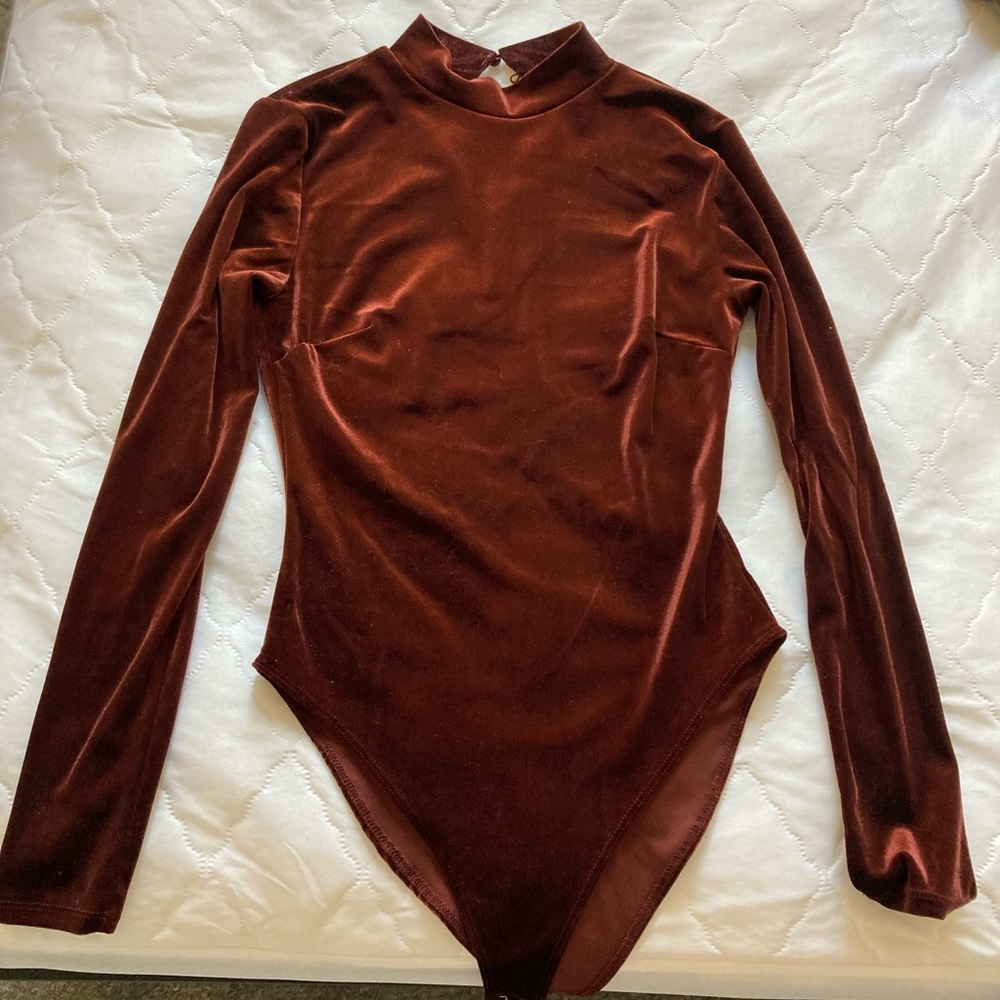 Burgundy velvet long sleeve body suit